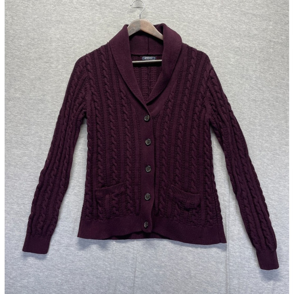 American Living Cardigan Sweater Womens Medium Burgundy Cable Knit Shawl Collar
